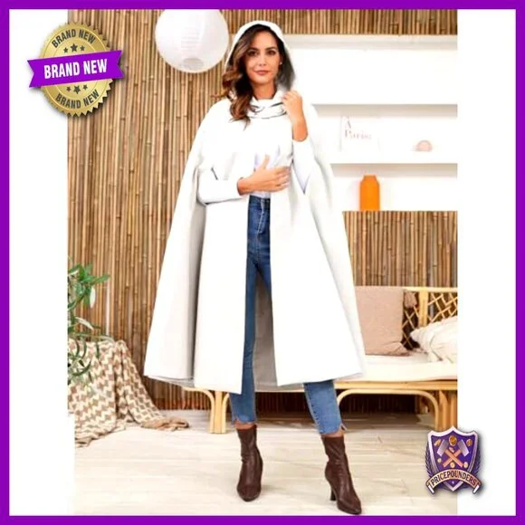 Wool Blend Hooded Cape Coat Maxi Cloak Elegant Warm Winter Outerwear Cosplay